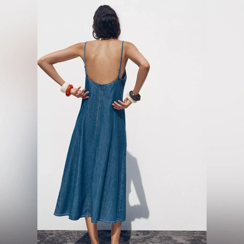 Zara Denim Strappy Midi Dress NWT - Picture 4 of 11